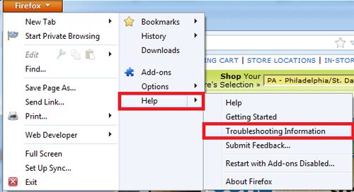 Firefox Options, Help, Troubleshooting Information